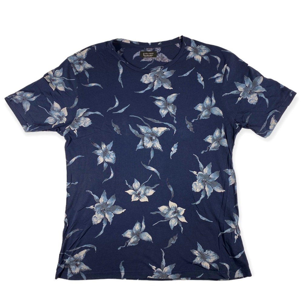 Zara Man Men's T-Shirt Size L Blue Floral Round Neck Short Sleeves Cotton